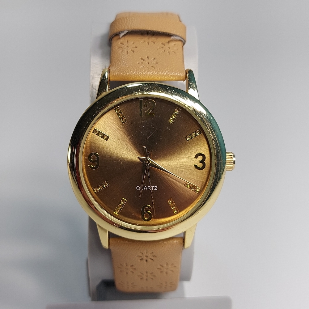 BWC Ladies Gold Tone Floral Embossed Faux Leather Watch, New Battery